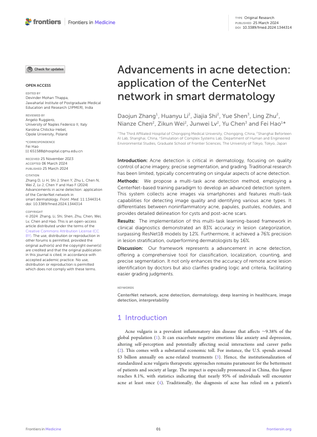 Advancements in acne detection: application of the CenterNet network in smart dermatology